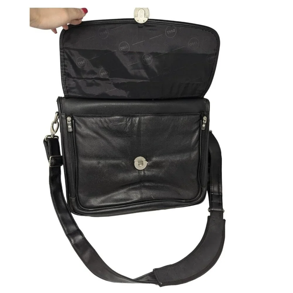Vintage Dell Black All Leather Laptop Briefcase Messenger Bag Carry On